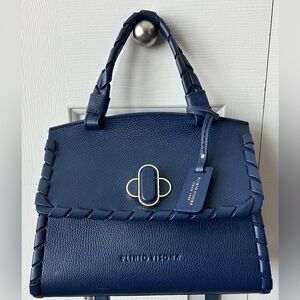 Plinio Visona Navy Blue Pebbled Italian Leather Handbag